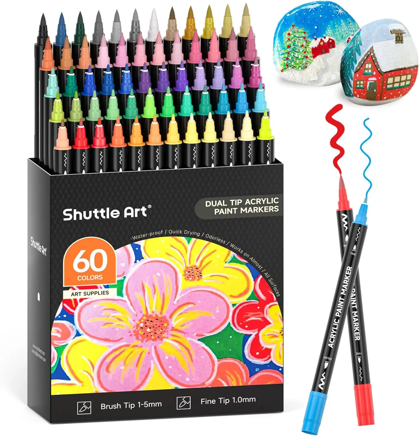 Shuttle Art 48/60 Colors Dual Tip Acrylic Paint Markers, Brush and Fine Tip for junk journal, Rock Painting, Ceramic, Wood, Canvas, Plastic, Glass, Stone, Calligraphy, Card Making, DIY Crafts,markers for coloring,dual tip marker set,student