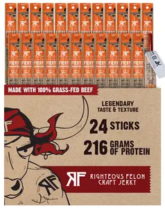 Fiery Habanero Beef Stick 24-Pack - Spicy 100% Beef, High-Protein Paleo Snack by Righteous Felon