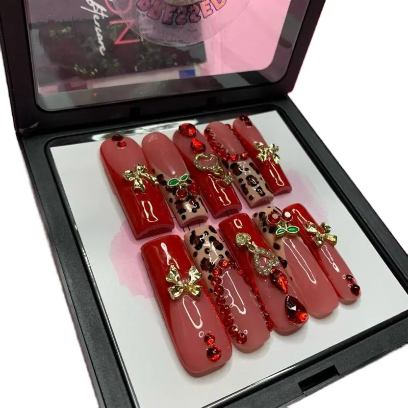 Red & Cheetah Print press on nails