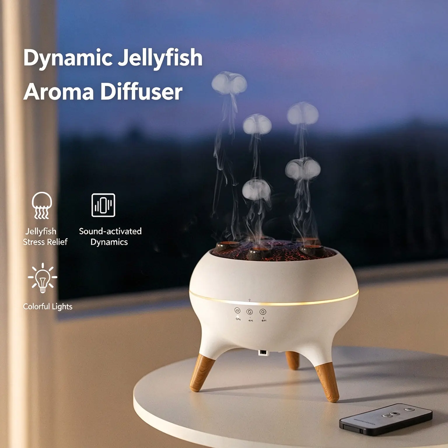 250ml Jellyfish Ultrasonic Aromatherapy Diffuser with Sound Pickup, Remote Control, Air Humidifier Function for Home, Bedroom (White)