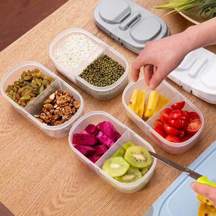 Double-grid Food Storage Box, 2 Count Clear Food Storage Container with Lid for Kitchen, Home, Office, Outdoor Camping, Utensils, Reusable Snack Containers, Kitchen Plastic Containers-MM1