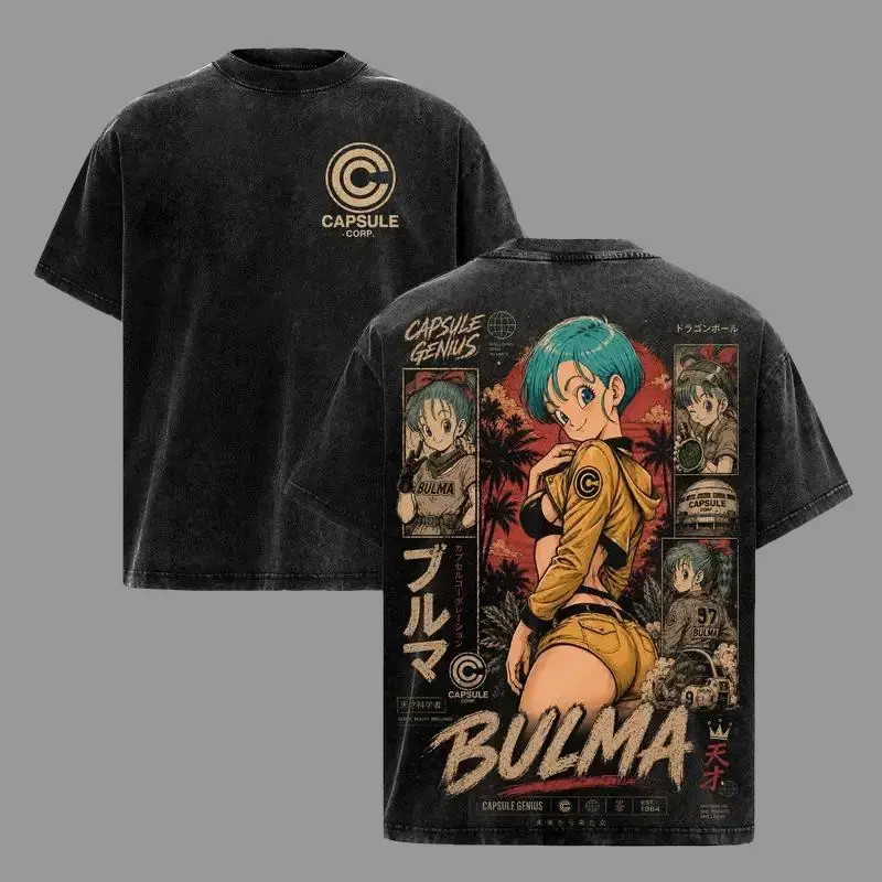 Bulma DBZ Menswear Top - Capsule Corp Genius Anime Graphic Tee, Back-Print Vintage 90s Unisex Cotton Distressed Short-Sleeve T-Shirt, DBZ Streetwear Merch Crewneck Tshirt