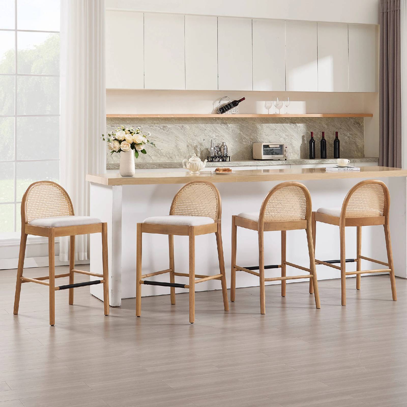 DAYALANE Modern Salem Rattan Bar Stools Set of 2 - Beige Black White Gray - Counter Height Barstools with Wood Legs for Kitchens - Elegant Rattan Backrest & Festive Dining Room Chairs