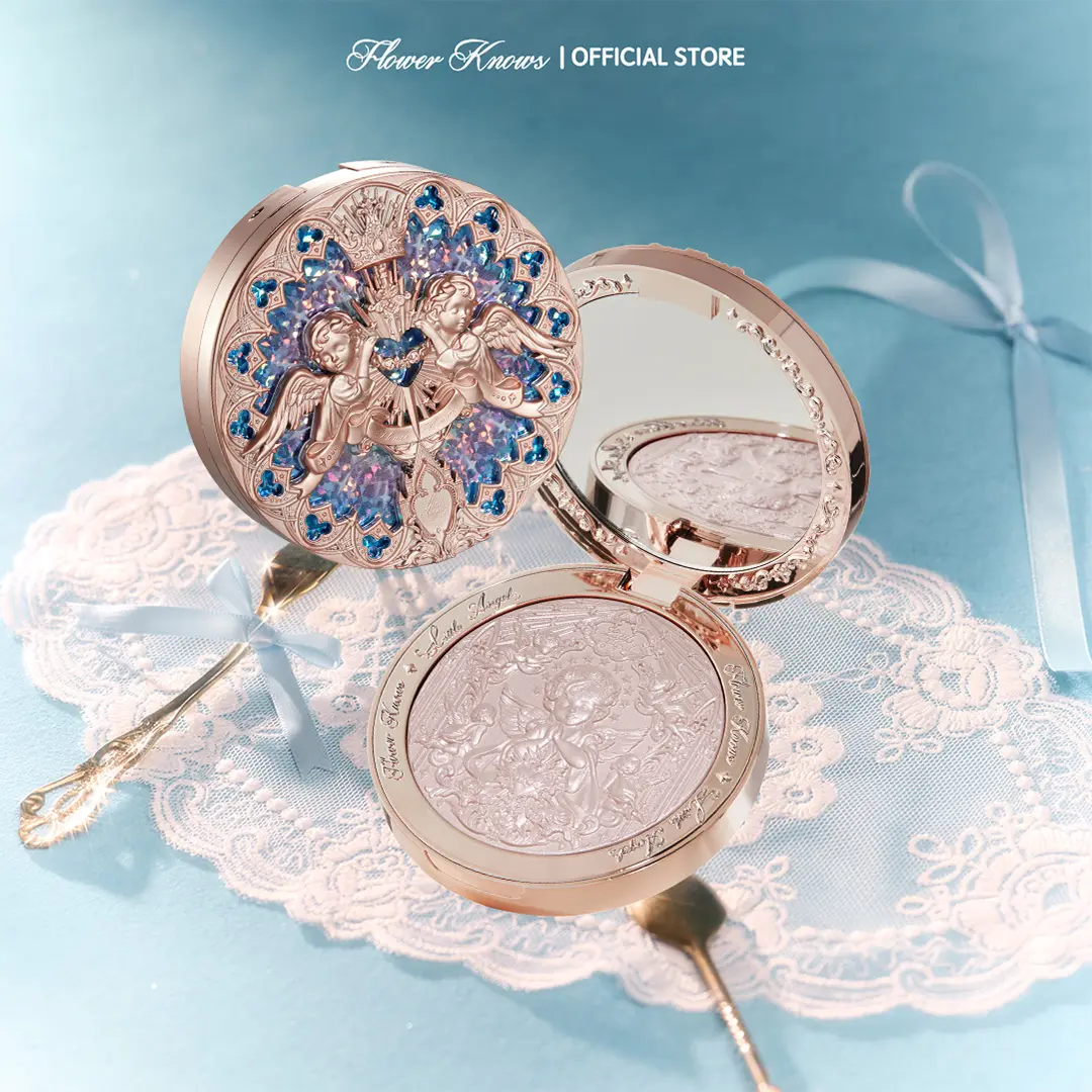 Flower Knows Little Angel Embossed Highlighter, Silky Pearl Shimmer Powder for a Luminous Dewy Glow, Long-Lasting and Cruelty-Free, L01 Eros's Fable