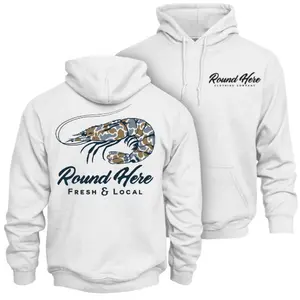Round Here Shrimp Fishing Hoodie – Fresh & Local Coastal Shrimp Back Graphic , Southern Seafood Lifestyle Brand Style , Saltwater Fishing Apparel , Casual Outdoor Wear , Great Gift For Fishermen Hoodie