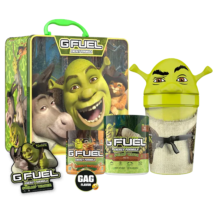G FUEL Energy Formula | Shrek Collector's Box | Mai Tai (40 Servings) and Onions & Waffles (15 Servings) Flavors | Collectible Lunch Box, Shrek Shaker Cup & Exclusive Shrek Sticker Swamp Water Swamp Water Energy Tub Beverage Sport