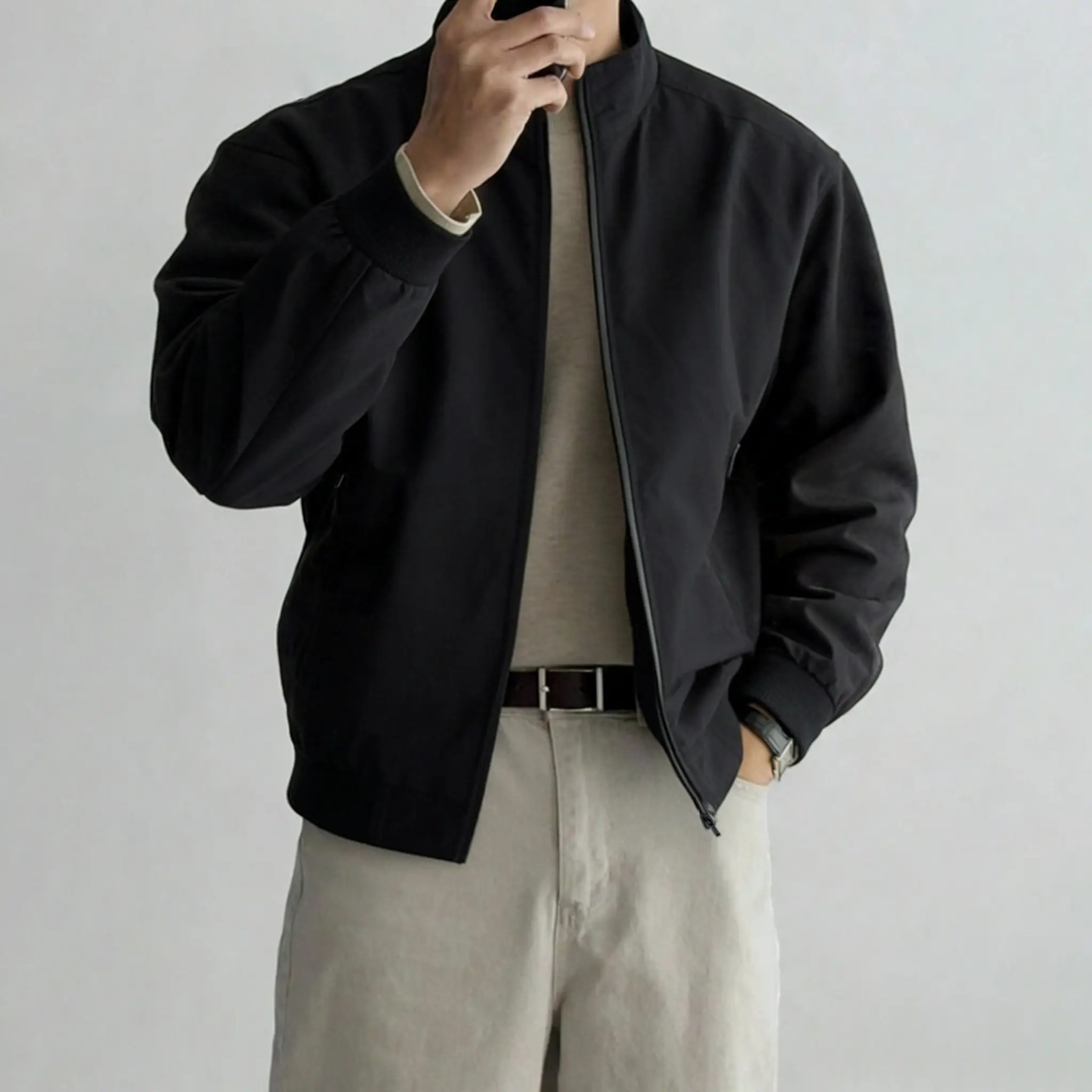 Men's Solid Harrington Jacket - Casual Fitted Long Sleeve Street Fashion Outerwear for Everyday Menswear, Plain, Casual Fitted Jackets, Longsleeves, Tops, Pull-On, Collared Neck