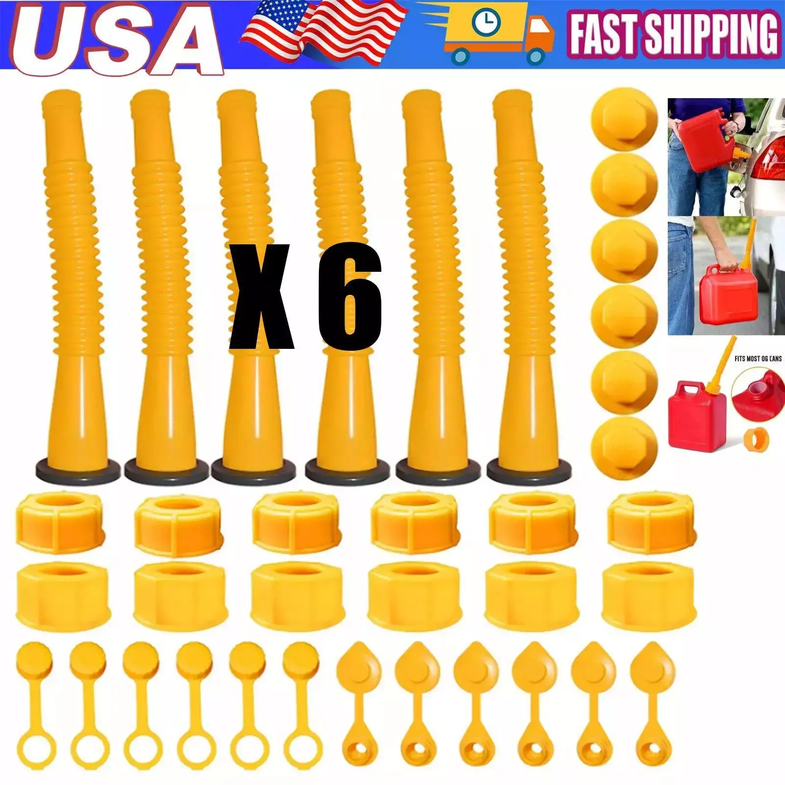 6-Piece Gas Can Spout Nozzle and Vent Kit, Replacement Spouts for Plastic Gas Cans, Compatible with Old Style Caps, Durable & Easy-to-Install Design Fit