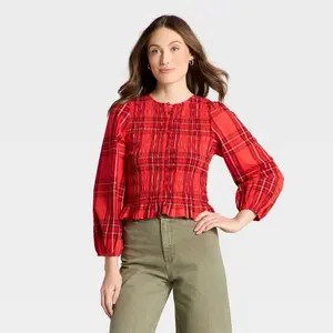 Women's Balloon Long Sleeve Blouse - Universal Thread Red Plaid XS