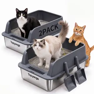 Topyangs 2-Pack Stainless Steel Cat Litter Boxes, Extra-Large High-Sided Litter Boxes, Leak-Proof and Easy to Clean, Ideal for Multi-Cat Households, Comes with 2 Scoops, the Perfect Gift.