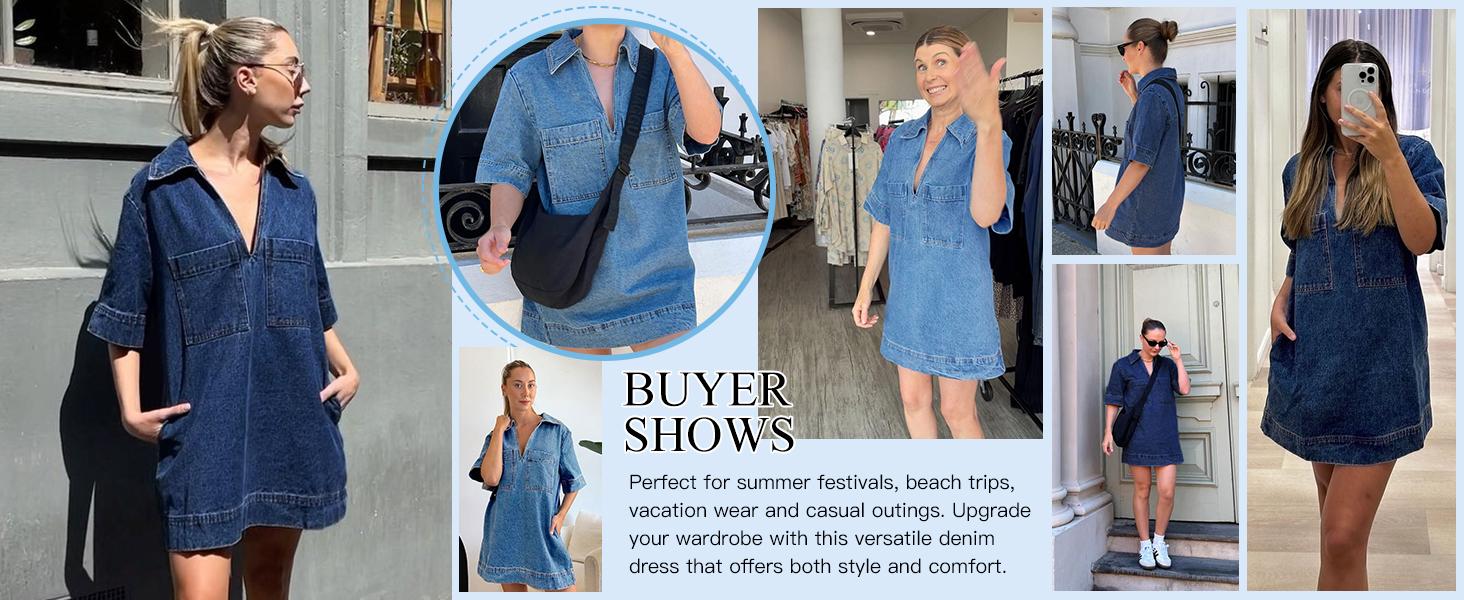 Wenrine Women's Denim Shirt Dress Summer Collared V Neck Mini Casual Jean Dresses with Pockets