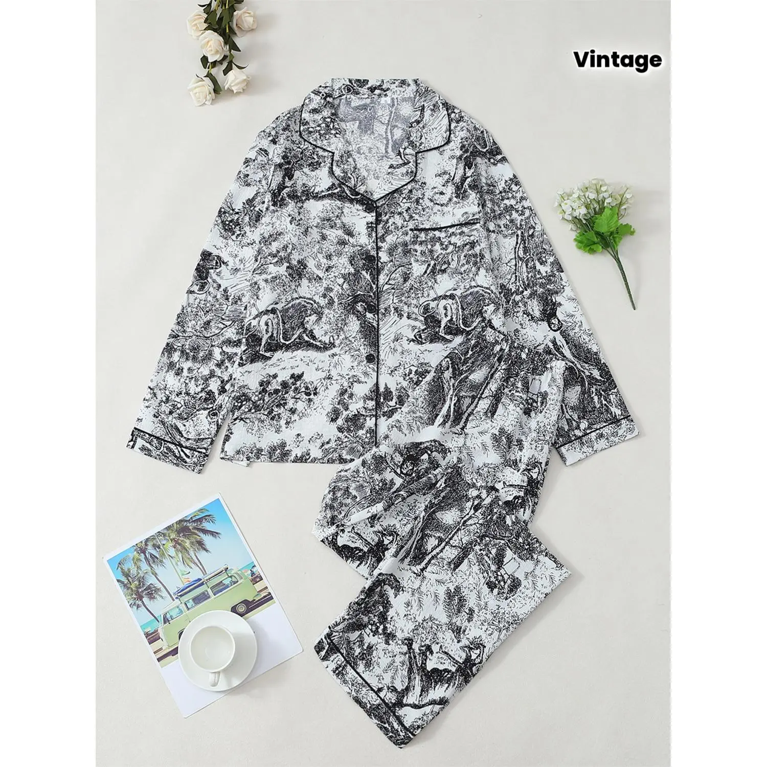 Vintage Forest Fairy Tale Women's Pajama Set - Artistic Black-and-White Illustration, Long Sleeves & Pants, All-Over Print with Button Accents, Soft & Skin-Friendly for Cozy Home Relaxation.
