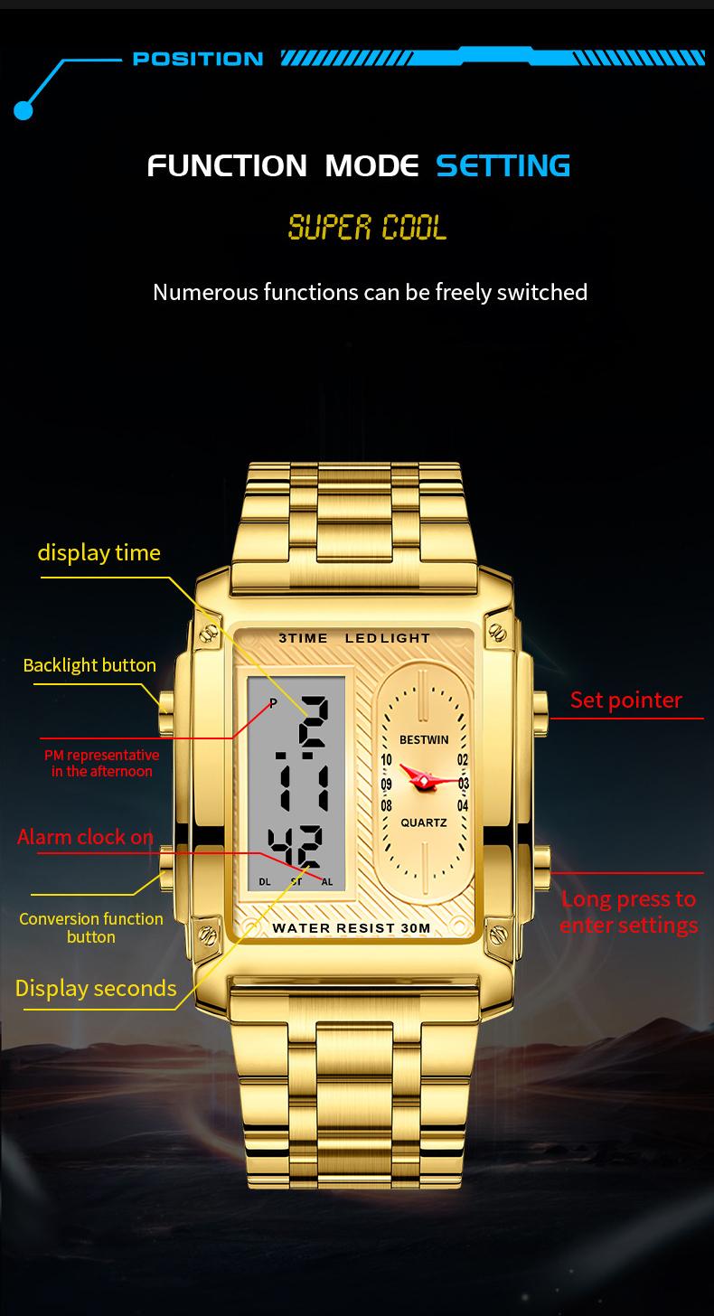 men's square creative dual-movement multifunctional sports watch, featuring a luxurious triple-time design, water resistance, luminous dial, ​Exuding a minimalist aesthetic, it is elegant, durable, and the perfect choice for everyday wear.​​ digital quart