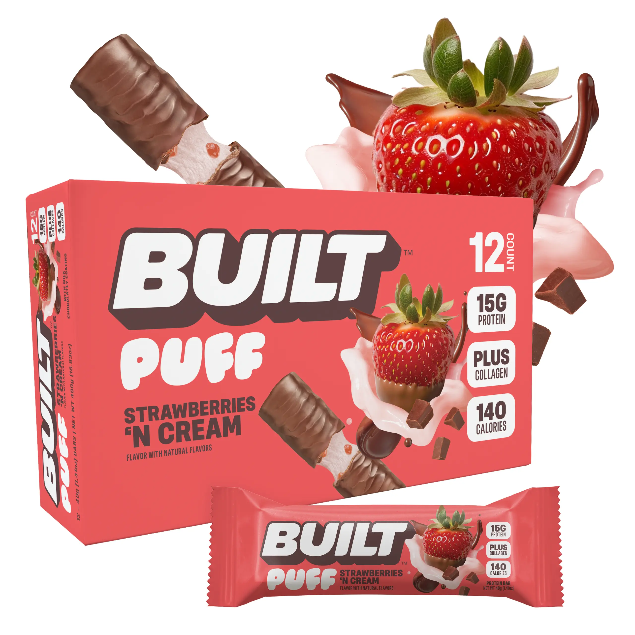 Official BUILT Bar, Puff Protein Bar Snack, Strawberries 'N Cream Puff, 15g Protein, 140 Calories, Collagen, Gluten Free