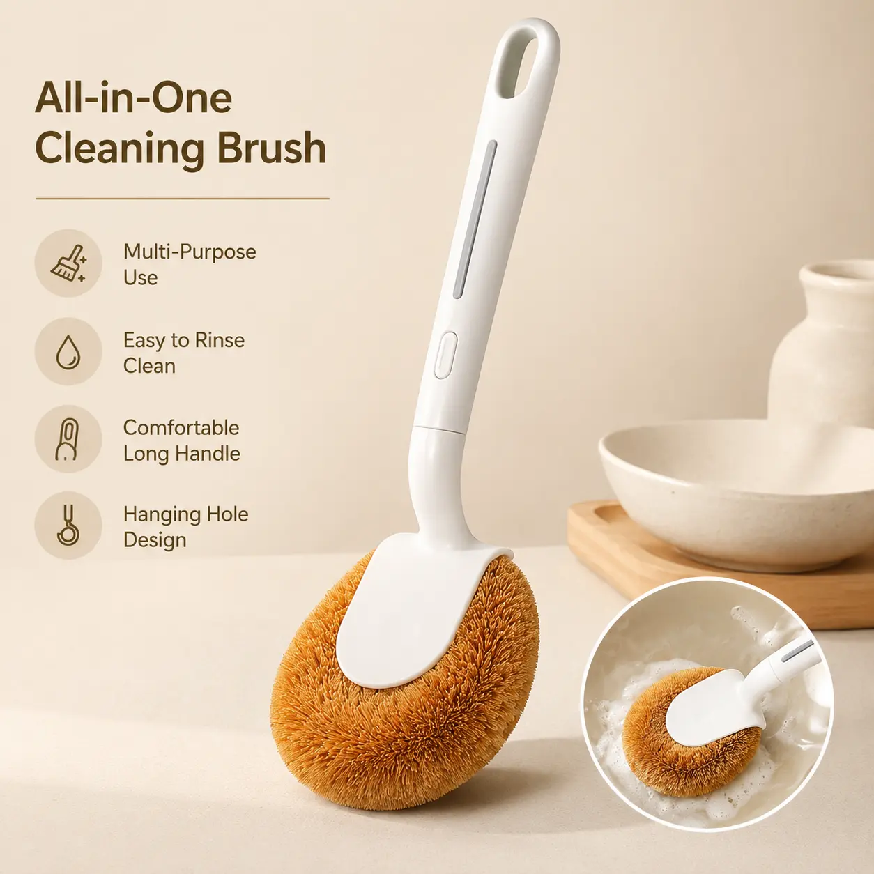 1 Count, Long Handle Kitchen Cleaning Brush, with Hanging Hole for Washing Pan, Dish, Cup, Cutting Board and Stove Surface