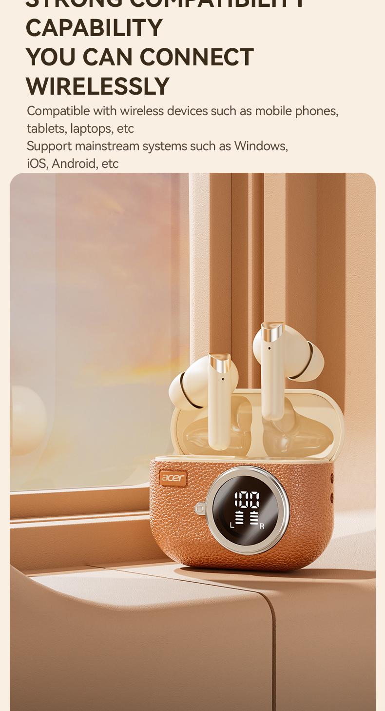 acer OHR508 Wireless Stereo Earbuds, In-Ear Noise-Canceling Earphones, Extra Long Battery Life, Universal Fit for Men and Women, Comfortable Wear, Noise Isolation Headphones, HIFI Sound Quality Music Headset Beige Audio Electronic