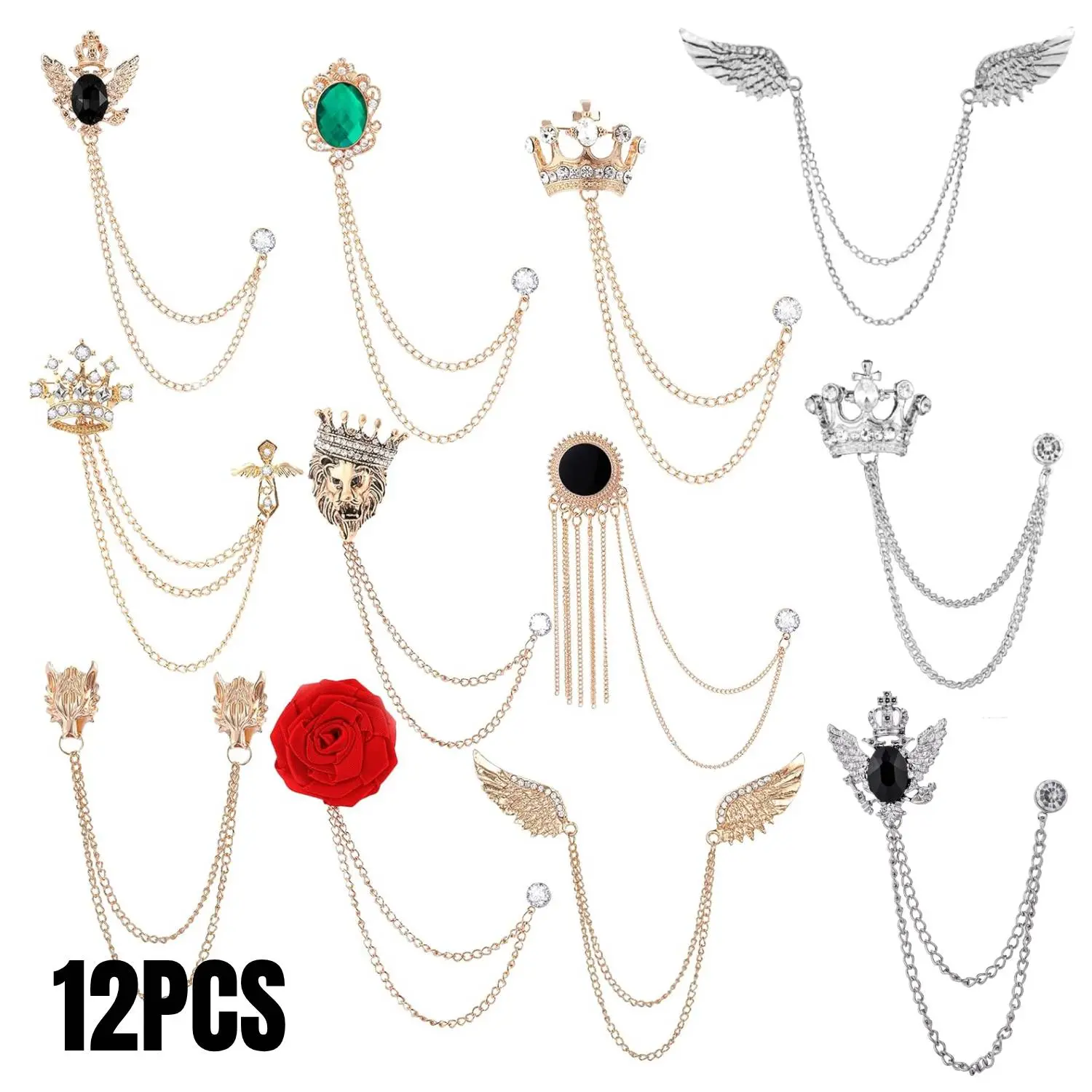 12Pcs Tassel Chain Brooch Collar Pins Rose Flower Rhinestone Angel Wings Wolf Head Hanging Chains for Suit Lapel Tuxedo Shirts Tie Hat Scarf Brooch Pin Fashion Jewelry for Men's Accessories