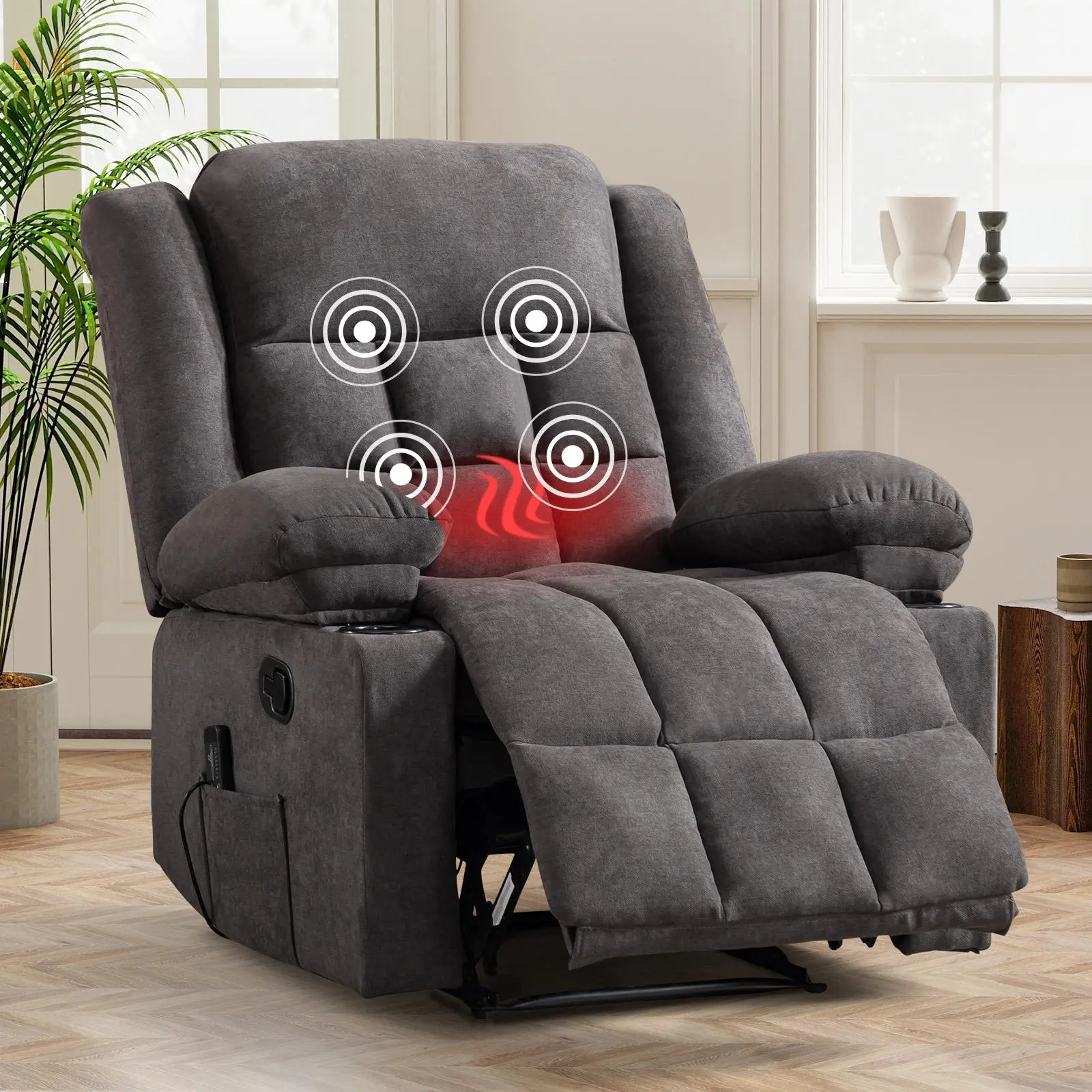 [DealsForYouDays] EBELLO Manual Recliner Chair with Massage and Heat, Fabric Recliner with Cup Holders & Storage Pockets, Breathable Comfortable Lounger for Living Room