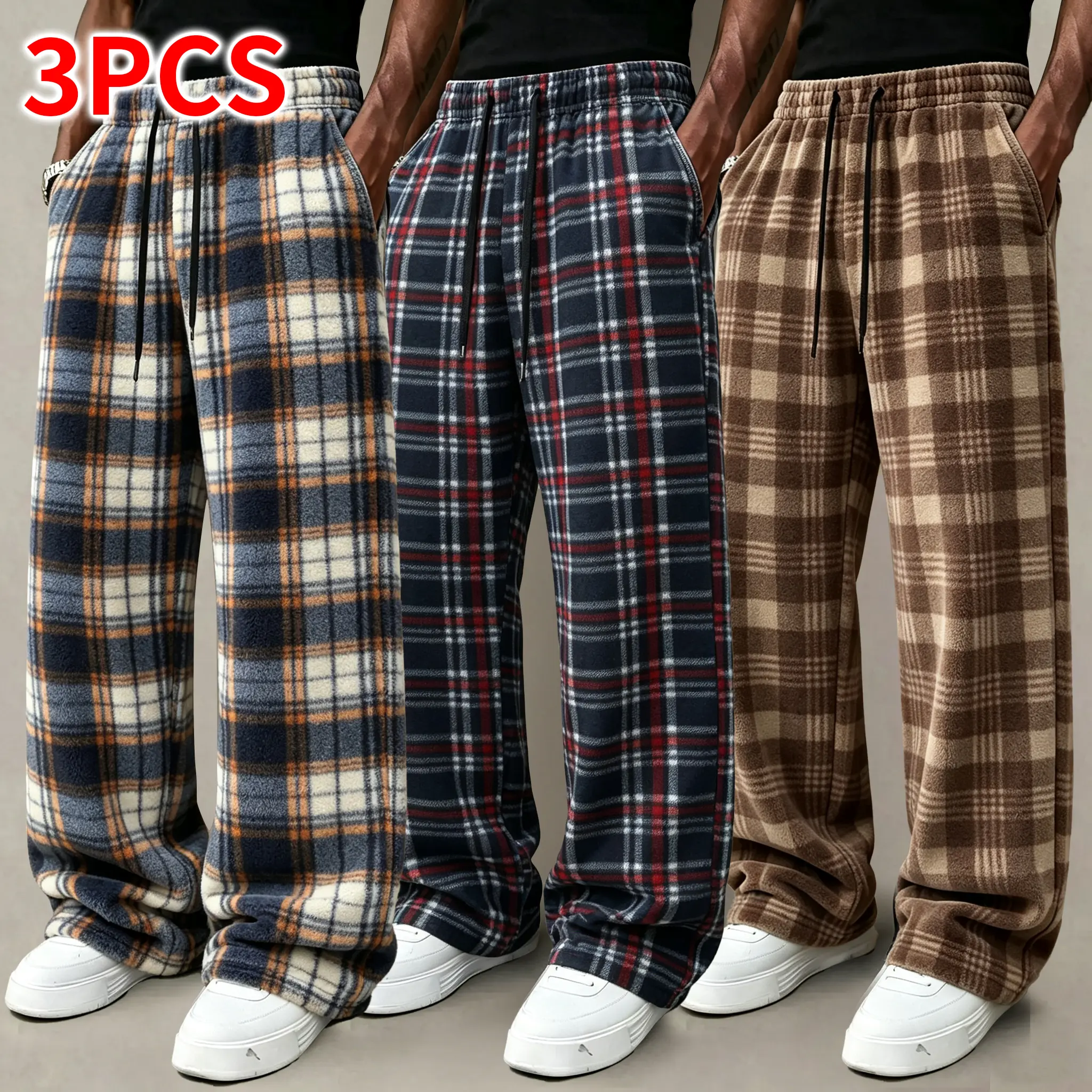 3-Pack Men’s Plaid Wide-Leg Pants (2-Pack or Single Option Available), Vintage Plaid Loose Straight-Leg Pants, Drawstring Loose Streetwear Pants, Fall & Winter Wardrobe Essential Baggy street style
