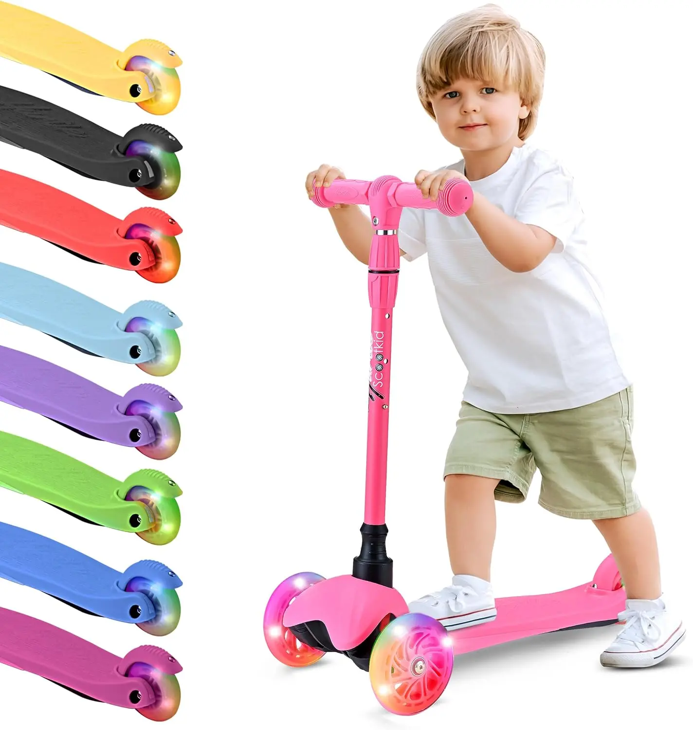 Kids Mini Kickboard Scooter | 3-Wheel Light-Up Scooter with Adjustable Height, LED Wheels, Anti-Slip Deck & Lean-to-Steer Stable Design - Lightweight Portable Toddler Scooter for Indoor & Outdoor Play