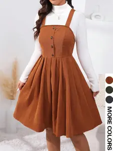 Women's Brown Corduroy Pinafore Dress – Sleeveless & Fitted Womenswear, Casual Style with Solid Color, Crafted from Woven Fabric for a Minimalist Look Medium Basic dresses women elegantoutfits