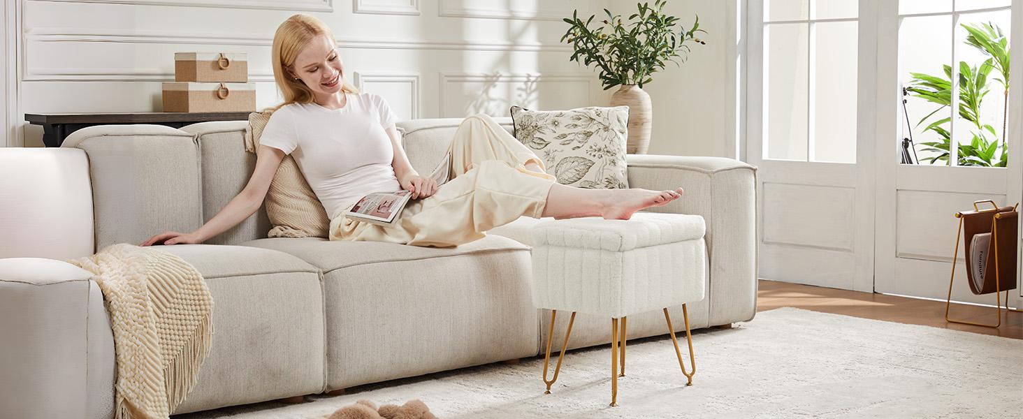 Vanity Stool with Storage, Soft Padded Makeup Footstool Ottoman Seat with Metal Legs, Adjustable Feet, Cute Footrest for Bedroom and Entryway