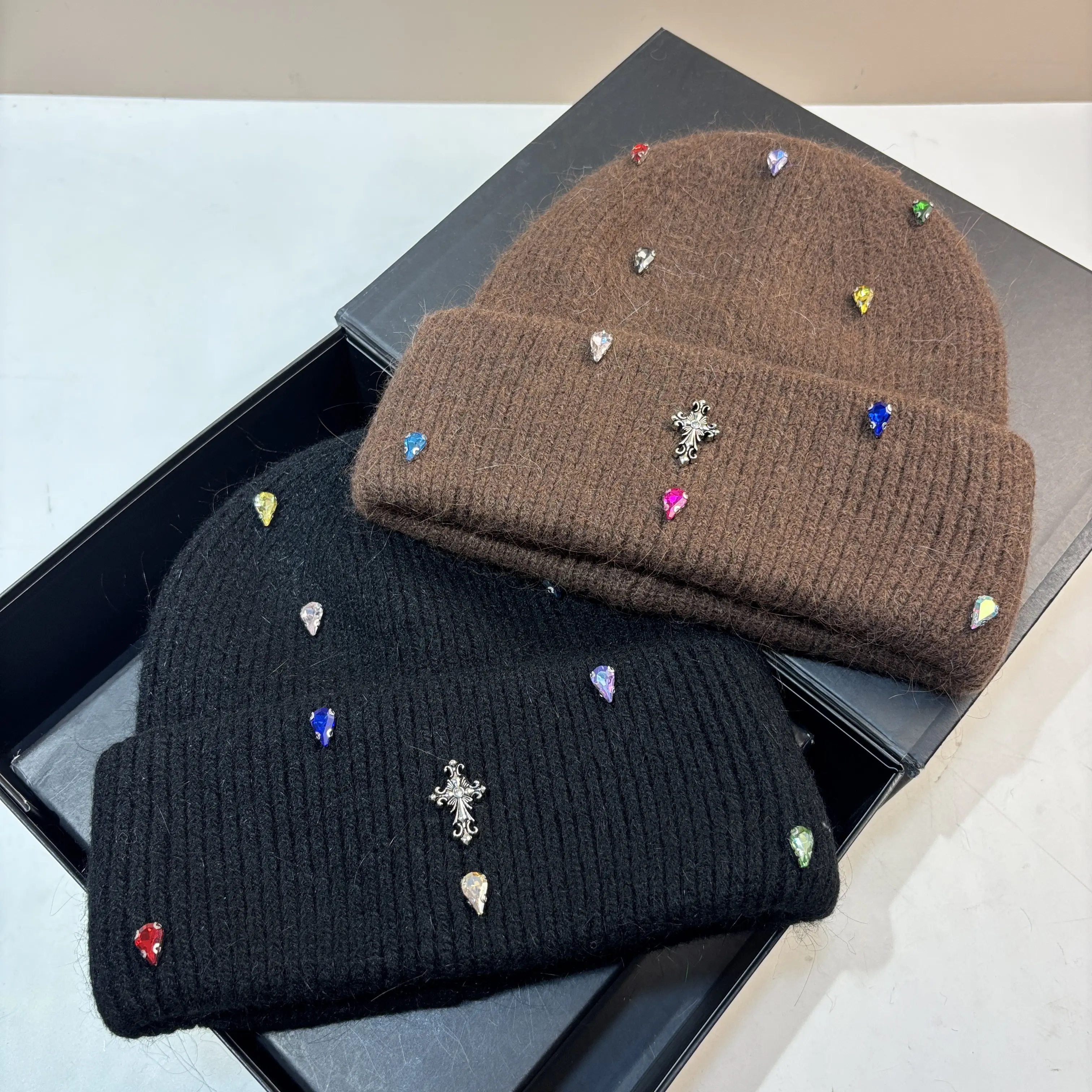 Women's 100% Plush Knit Cool Hat Beanie - Wool Blend, Crystal Rhinestone Accents, Wax Plush Earmuffs, Unisex Winter Outdoor Warmth Headwear, Casual/Christmas/Birthday, Camouflage Style, One Size