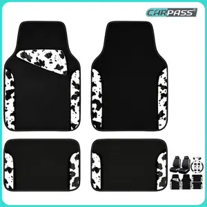 CAR PASS Waterproof Universal Fit Car Floor Mats, Cow Print Car Mats Fit for SUV,Vans,sedans, Trucks,Heel Backing,Cute Women Girly Funny Black White