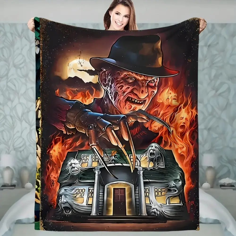 Freddy Slasher Street Theme Blanket - Metal Claws, Burning Haunted House Horror Scene, Classic All-Seasons Bedding Throw for Home Indoor Room Decor, Halloween Gift