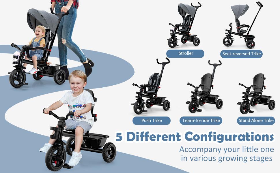 Costzon Tricycle, Toddler Bike W/Removable Push Handle, Reversible Seat, EVA Wheel, Adjustable Canopy, Cup Holder & Storage,Christmas Festival Gift Black Friday Cyber Monday