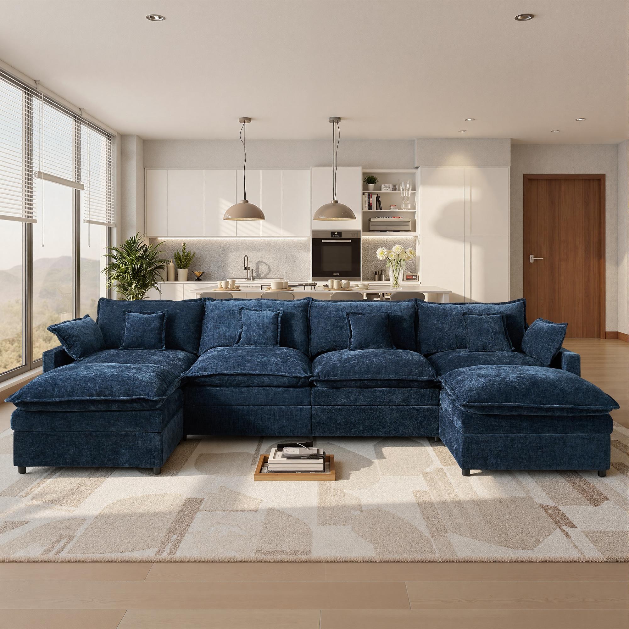 【2/3 Packages Shipping】Ovios 143" U-Shaped Modular Sectional Sofa with 2 Ottomans, Comfy Chenille Cloud Couch, Deep Seat Sofa Bed with 5 Pillows for Living Room, Bedroom & Apartment