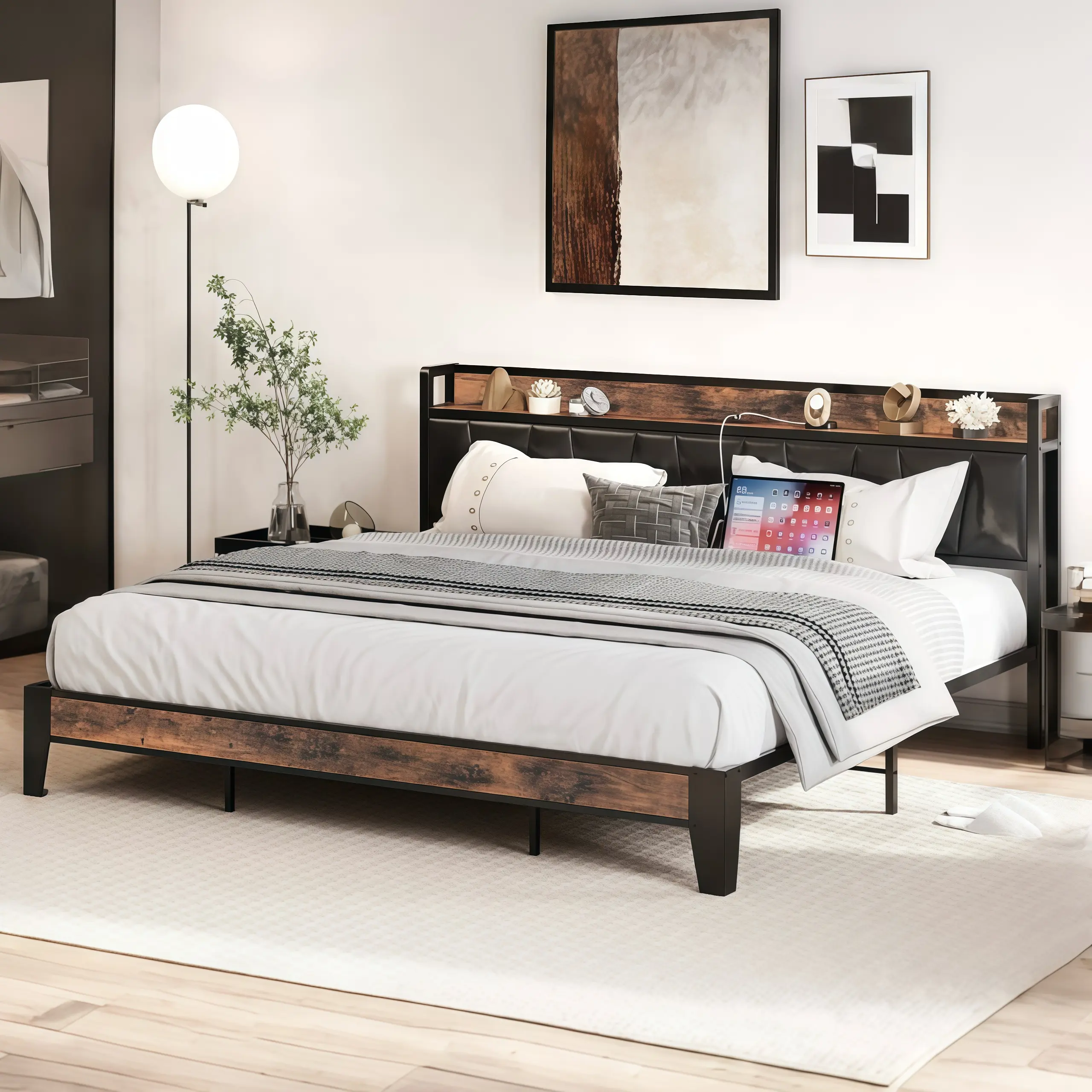 Bed Frame, Storage Headboard with Charging Station, Solid and Stable, Noise Free, No Box Spring Needed, Easy Assembly Modern Platform Bed Upholstered Platform Bed
