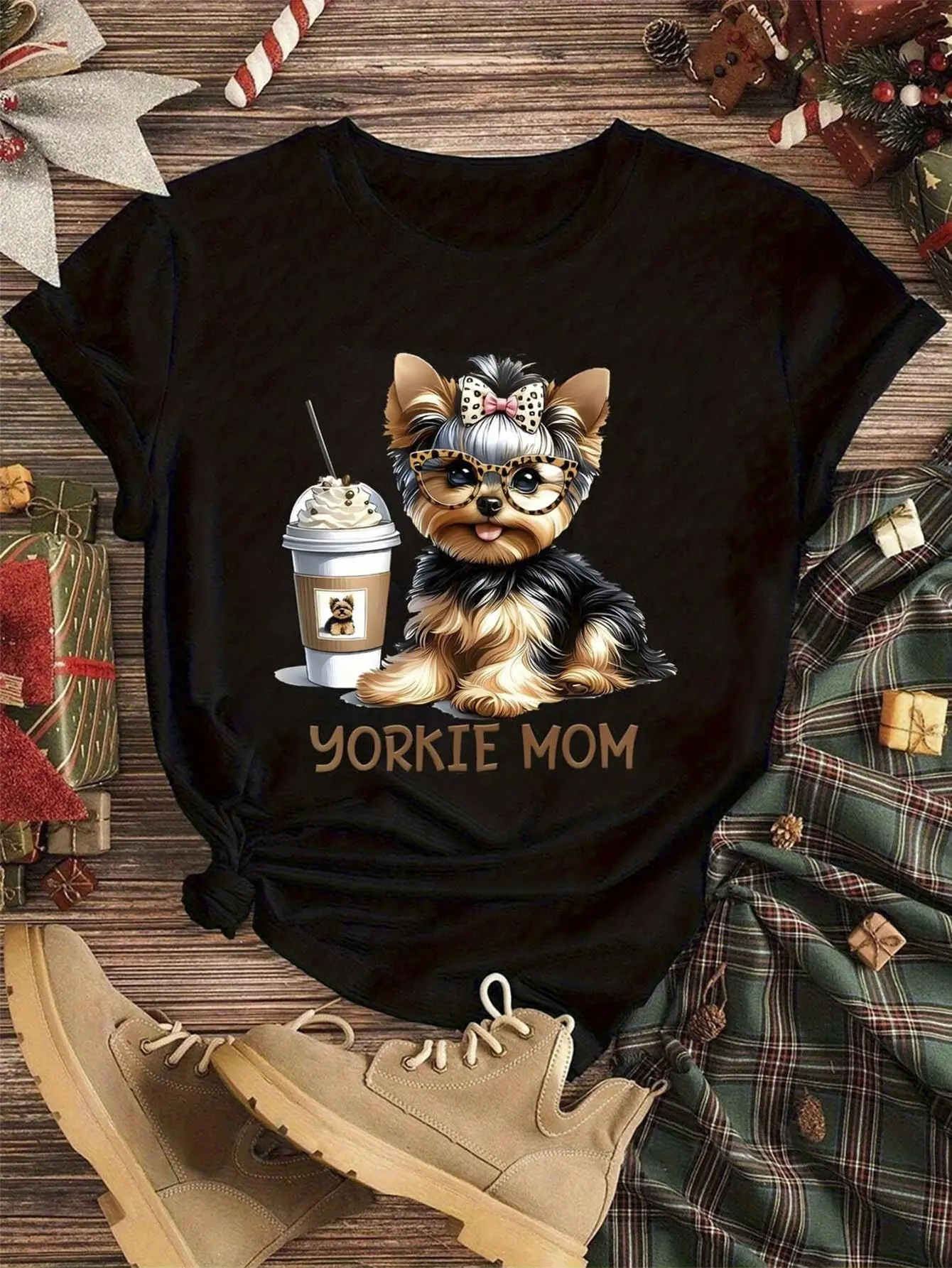 Yorkshire Terrier Mother T-Shirt - Adorable Yorkie Graphic Featuring a Pink Bow And Glasses, Iced Coffee Cup Illustration, Golden YORKIE MOM Text - Great for Dog Enthusiasts, Perfect Gift for Holidays, Birthdays