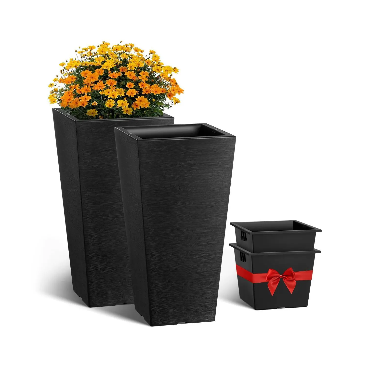 【SummerFinds】VEVOR Set of 2 Tall Outdoor Planters 22inch,  , Large Planters For Outdoor Indoor Plants, Black Tapered Square Front Porch Planters Flower Tree Plant Pots with Modern Design and Built-in Drainage