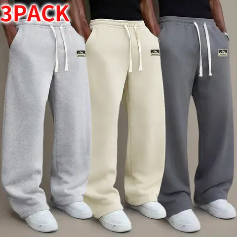 Men’s 3‑Pack Wide‑Leg Joggers, Soft Elastic Drawstring Waist, Loose‑Fit Wide‑Leg Sweatpants for Street and Sports Outfits