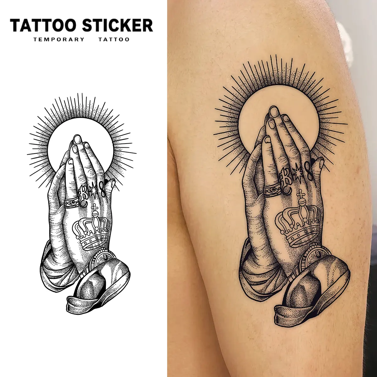 2 PCS Waterproof Sweat Resistant Dotwork Praying Hands Crown Sunburst Halo Temporary Tattoo Stickers Christian Religious Spiritual Vintage Masculine Vertical Forearm Semi Permanent Body Art Decals For Men Women