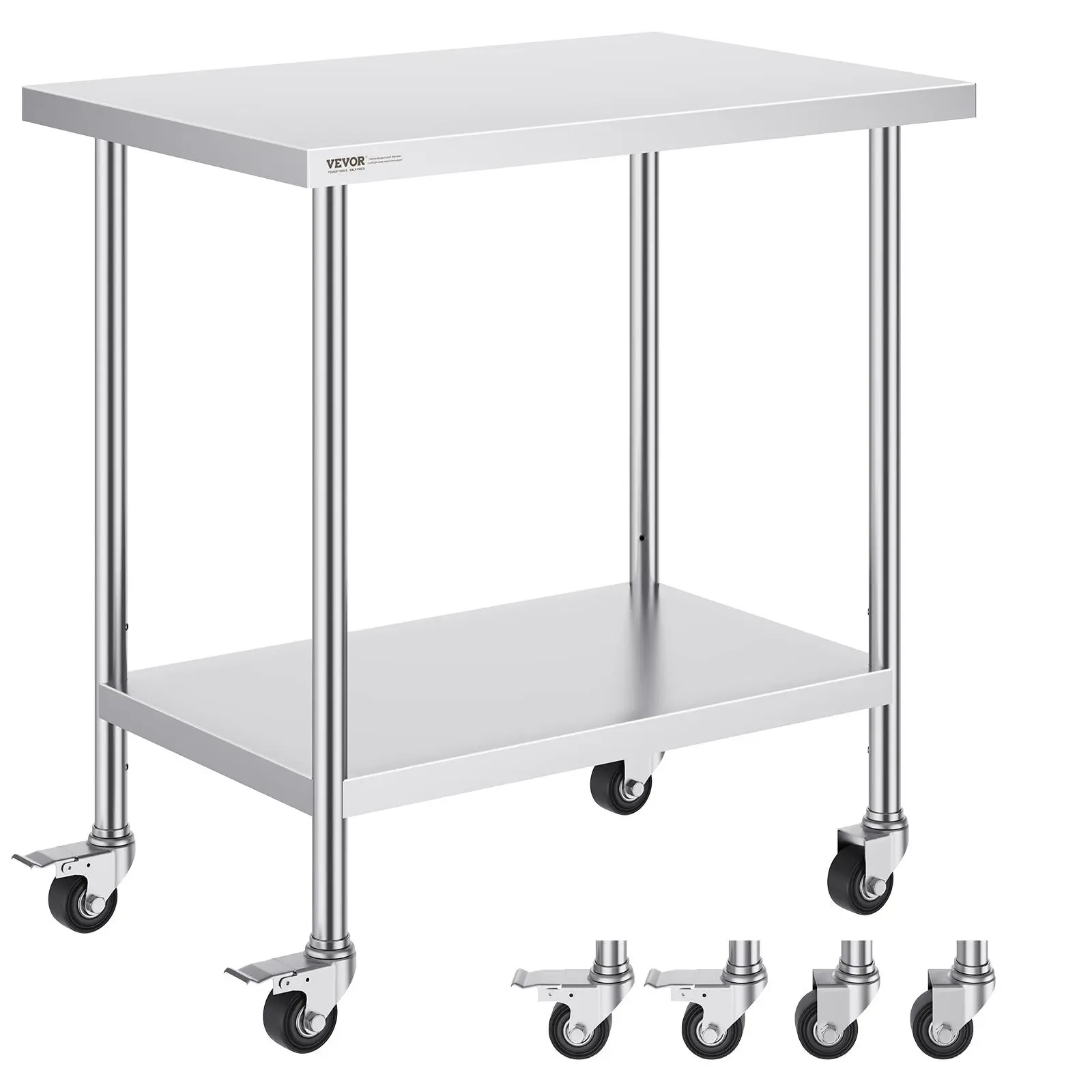 【FathersDayGift】VEVOR Stainless Steel Work Table 24 x 36 x 38 Inch, with 4 Wheels, 3 Adjustable Height Levels, Heavy Duty Food Prep Worktable for Commercial Kitchen Restaurant, Silver