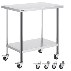 VEVOR Stainless Steel Work Table 24 x 36 x 38 Inch, with 4 Wheels, 3 Adjustable Height Levels, Heavy Duty Food Prep Worktable for Commercial Kitchen Restaurant, Silver