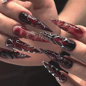 Red Black Marble Press On Nails, Silver Vein Long Stiletto Nails, Gothic Vampire False Nail