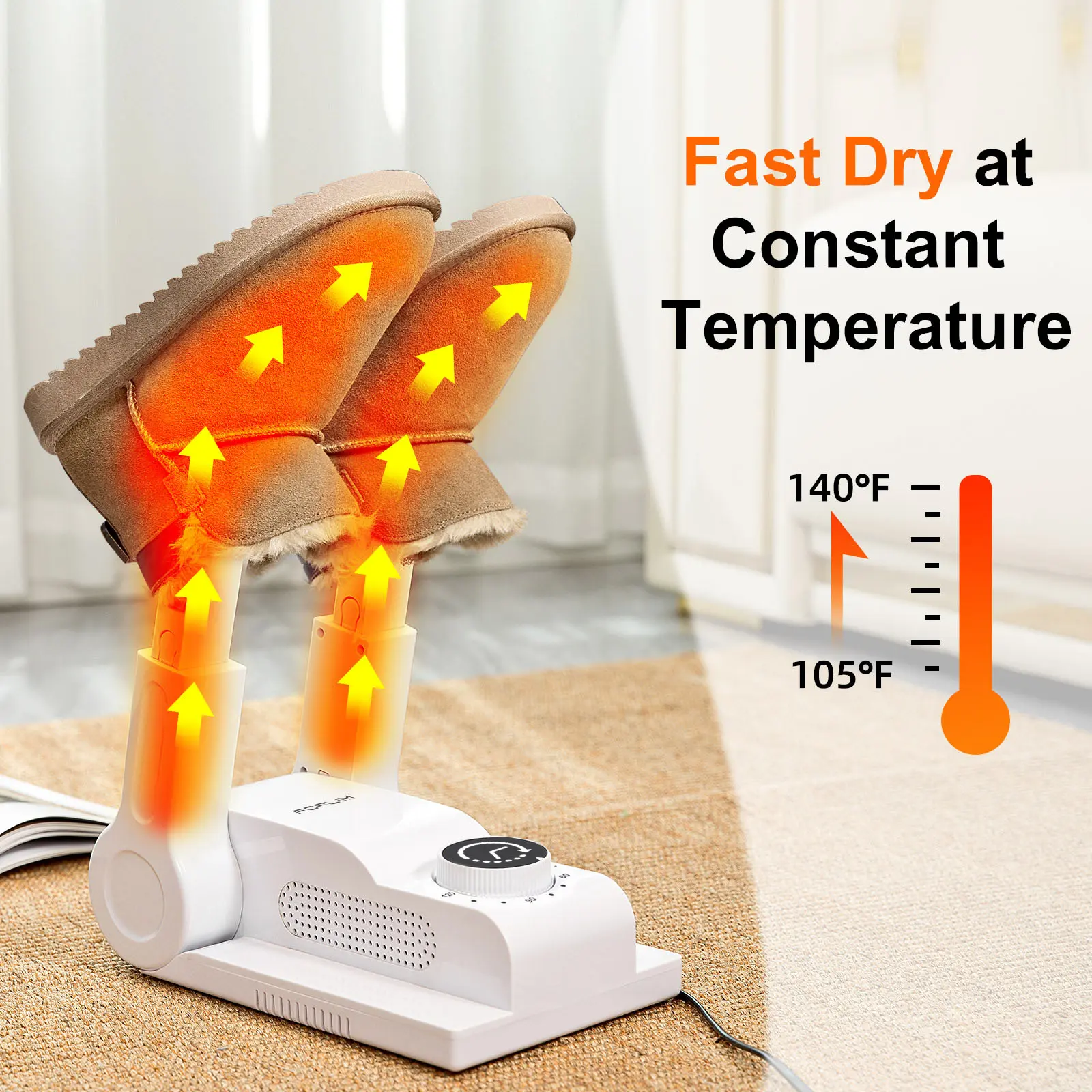 Forlim Vented Portable Shoe, Boot and Glove Rack Dry Machine - 110V (AC) Household Dryer with 180° Adjustable Rack, Telescopic Bendable Ports, 2hrs Auto Shut-Off Intelligent Timer, White