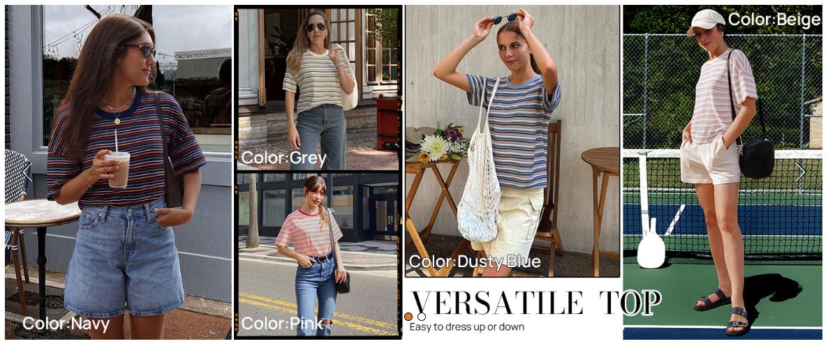 MEROKEETY Women's 2026 Summer Short Sleeve Tops Casual Colourful Striped Crewneck Loose Work T Shirts Blouses MEROKEETY Women's 2026 Summer Short Sleeve Tops Casual Colourful Striped Crewneck Loose Work T Shirts Blouses