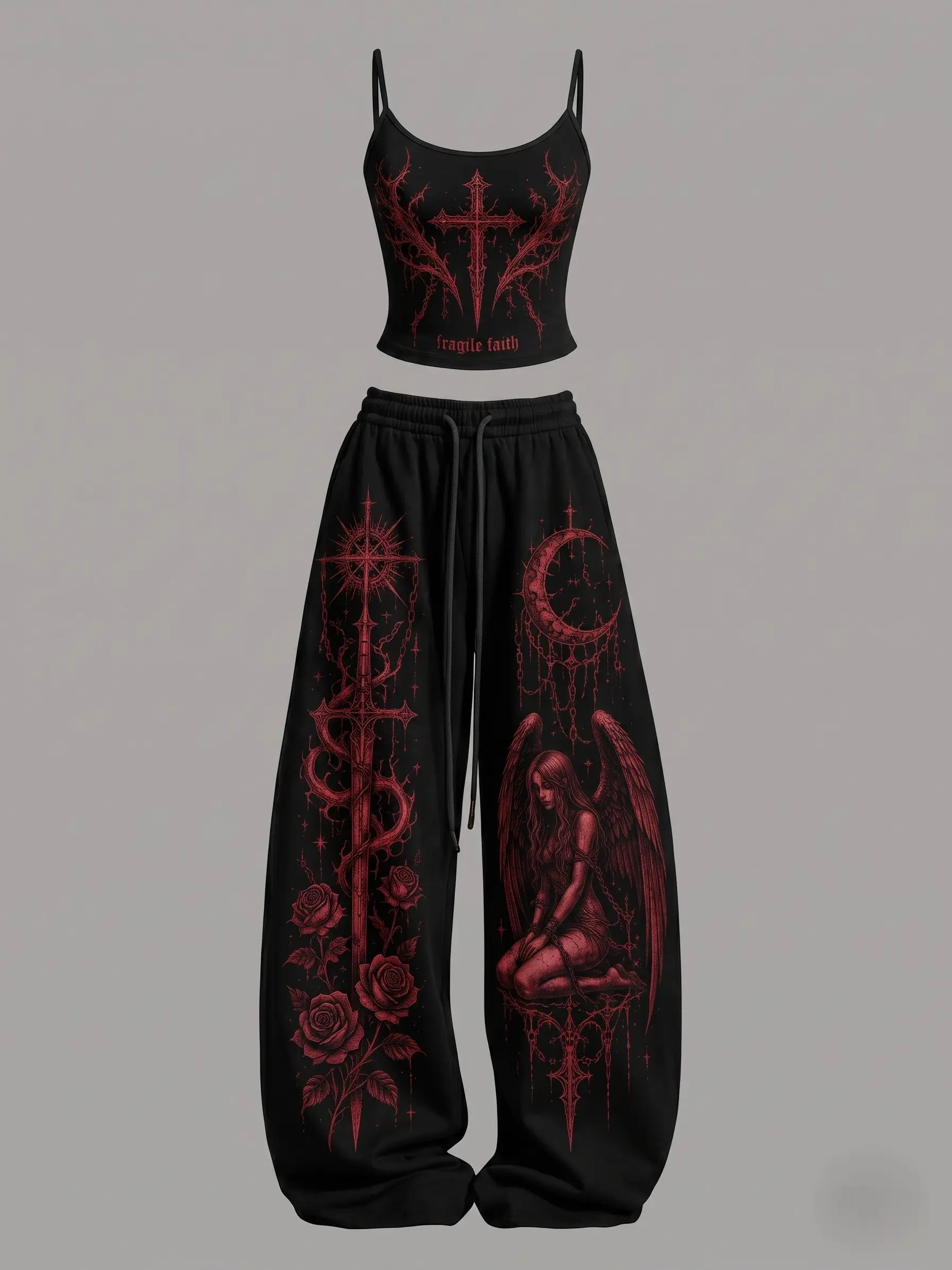 Women's Gothic Heart Top & Elasticated Tracksuit Set, Dark Angel Cross Baggy Sweatpants & Cami Outfit, Y2K Grunge Alt Streetwear Matching Set Fabric Womenswear