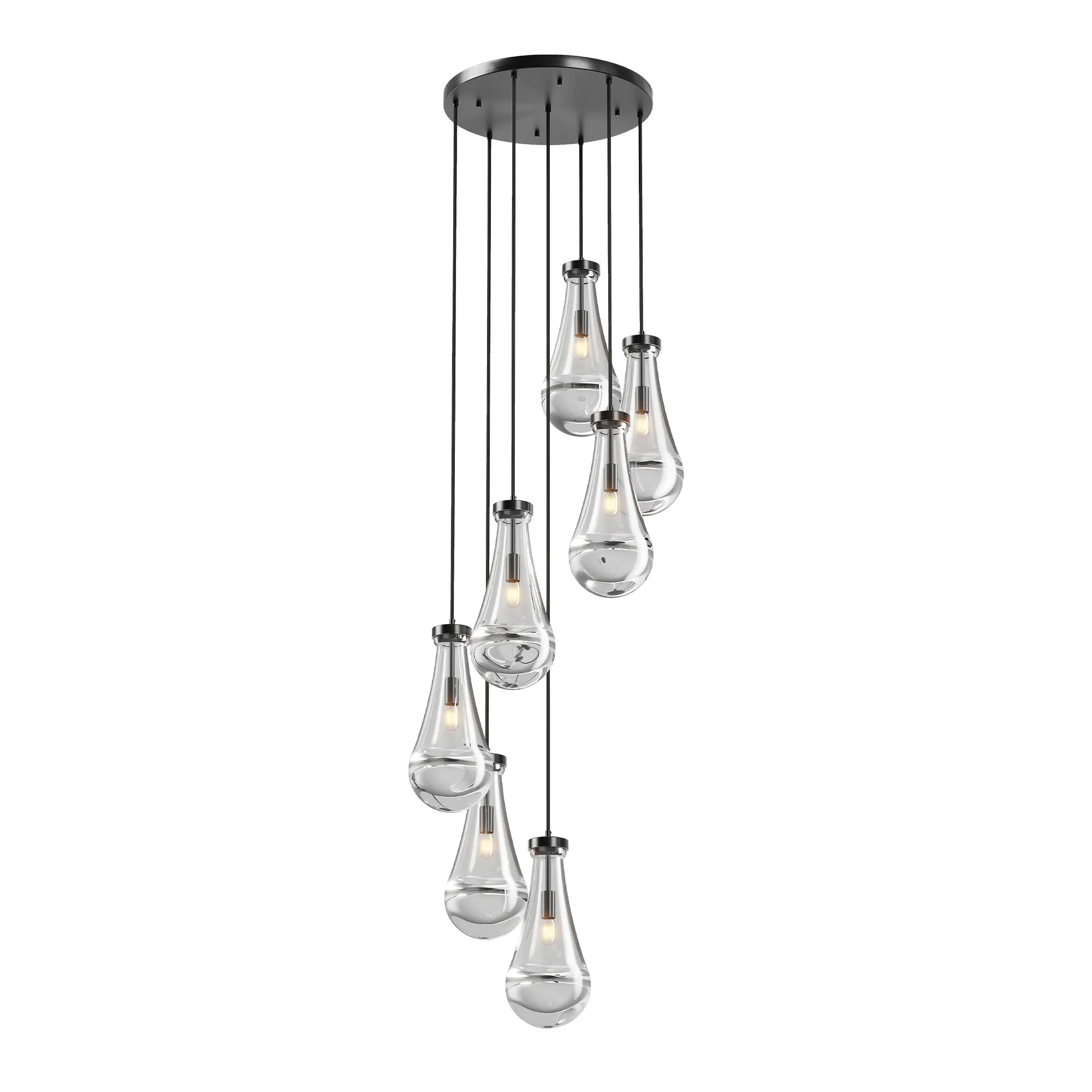 7-Light Matte Black Raindrop Glass Pendant Light, Pure Copper Base Adjustable Cord Teardrop Hanging Ceiling Light, E12 Dimmable Light Fixture for Kitchen Island, Foyer, Entryway & Living Room