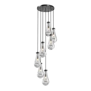7-Light Matte Black Raindrop Glass Pendant Light, Pure Copper Base Adjustable Cord Teardrop Hanging Ceiling Light, E12 Dimmable Light Fixture for Kitchen Island, Foyer, Entryway & Living Room