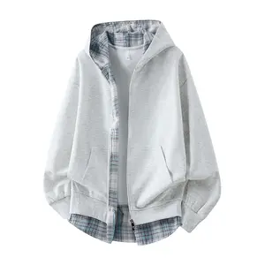 Men’s loose-fit varsity high-street trend hoodie jacket; versatile hooded cardigan sweatshirt with long sleeves; faux two-piece hooded sweatshirt jacket; spring unisex plaid patchwork cardigan top