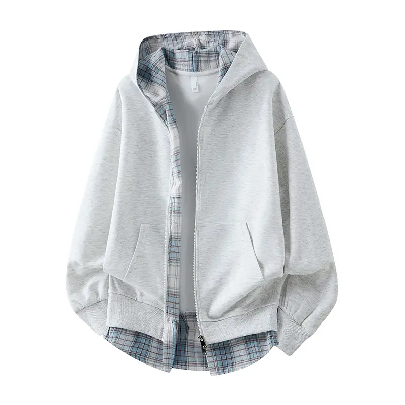 Men’s Loose-Fit Varsity High-Street Hoodie Jacket, Versatile Long-Sleeve Faux 2-Piece Plaid Patchwork Hooded Cardigan Sweatshirt, Spring Casual Unisex Menswear Top