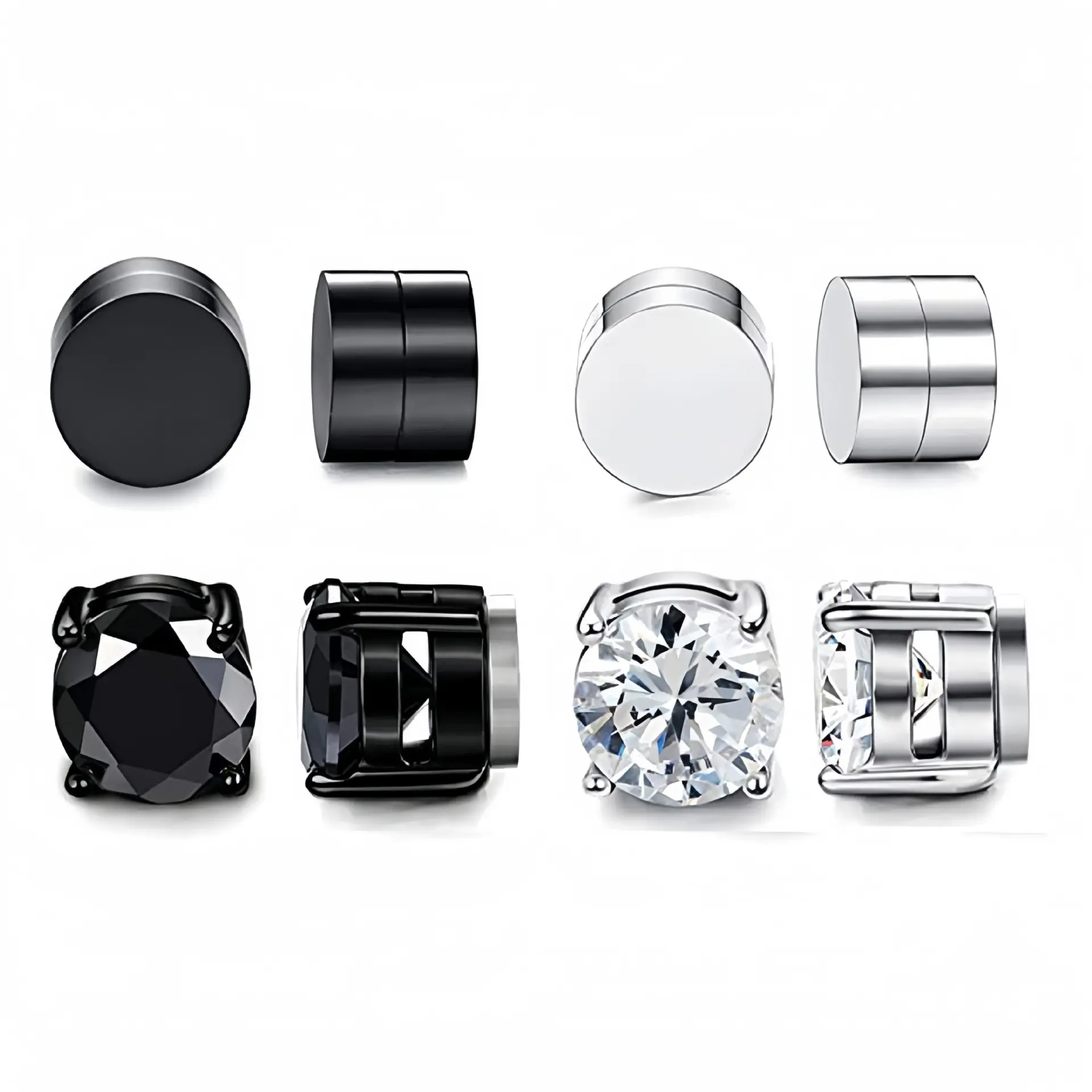 4 Pairs Stainless Steel Magnetic Earrings Set for Men Women Shiny Round Cubic Zirconia Stud Earrings Non-Pierced Ears Hypoallergenic Trend Fake Earring