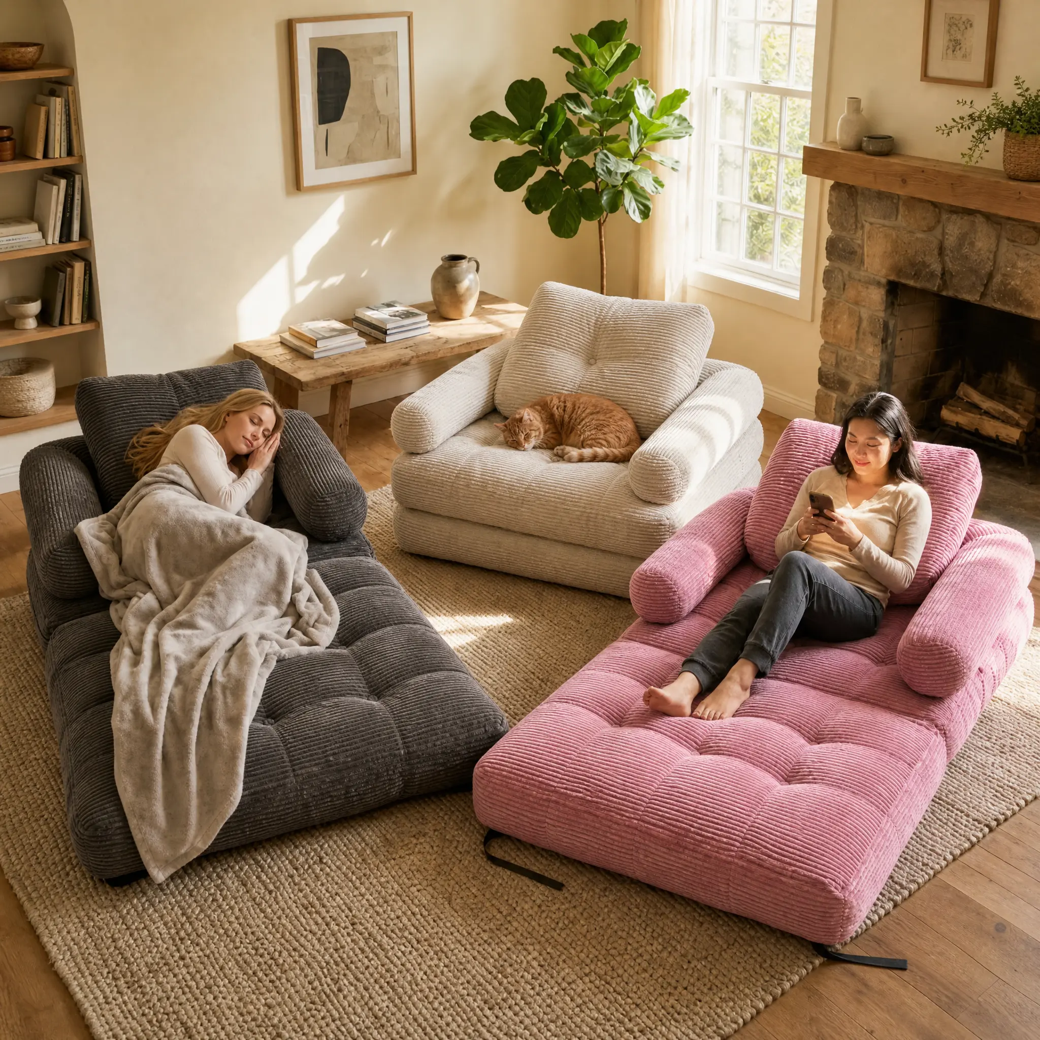 Boneless Chair Classic 1-Person Foldable Corduroy Floor Sofa Bed - Ergonomic Convertible Single Chair Couch, Gray Comfy Indoor Living Room Furniture for Pet Owners, Small Spaces Seating Solution