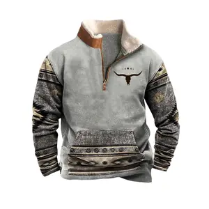 Mens Cowboy Sweatshirt Vintage Enthic Print Western Aztec Sweatshirt Casual Long Sleeve 1/4 Zip Fleece Pullover