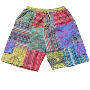 Patchwork Shorts 100% Cotton Hippie Festival Unisex Mens Shorts Festival Fashion Colorful Bohemian Style Pants for Men & Women 4 Pockets Lightweight Casual Bottoms